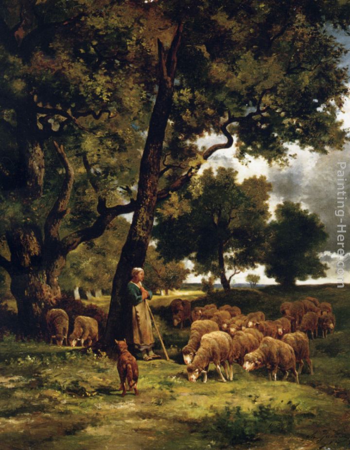 The shepherdess and her flock painting - Charles Emile Jacque The shepherdess and her flock art painting